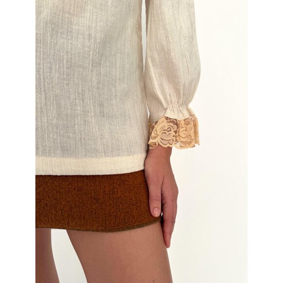 60s vintage beige boho ruffled lace jabot collar peasant sleeves linen blouse - Picture 8 of 9